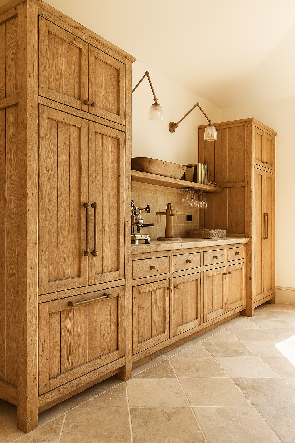 Handmade rustic farmhouse cabinetry with tall larder cupboards, oak drawers, and traditional detailing by Gibsons Cabinet Makers
